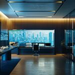 a dynamic urban office space filled with sleek technology displays and charts illustrating complex financial transactions, emphasizing the theme of integration in money laundering through vibrant visual data and an atmosphere of high-stakes finance.