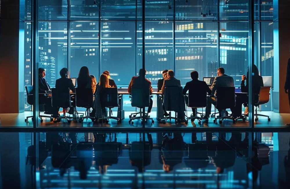 a sharp, modern office space with a sleek glass conference table, surrounded by professionals engaged in an animated discussion about tax strategies, illuminated by dynamic overhead lighting that highlights their focused expressions.