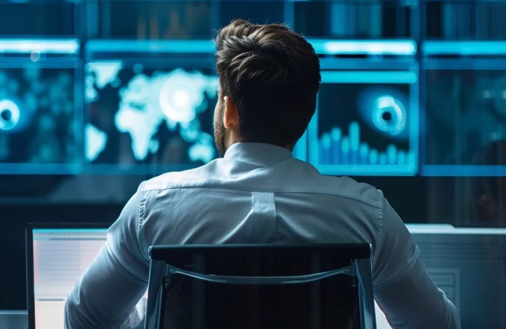 a sleek, modern office environment features a focused professional reviewing detailed compliance documents on a high-tech monitor, surrounded by futuristic data analytics displays, embodying the essence of aml kyc processes.