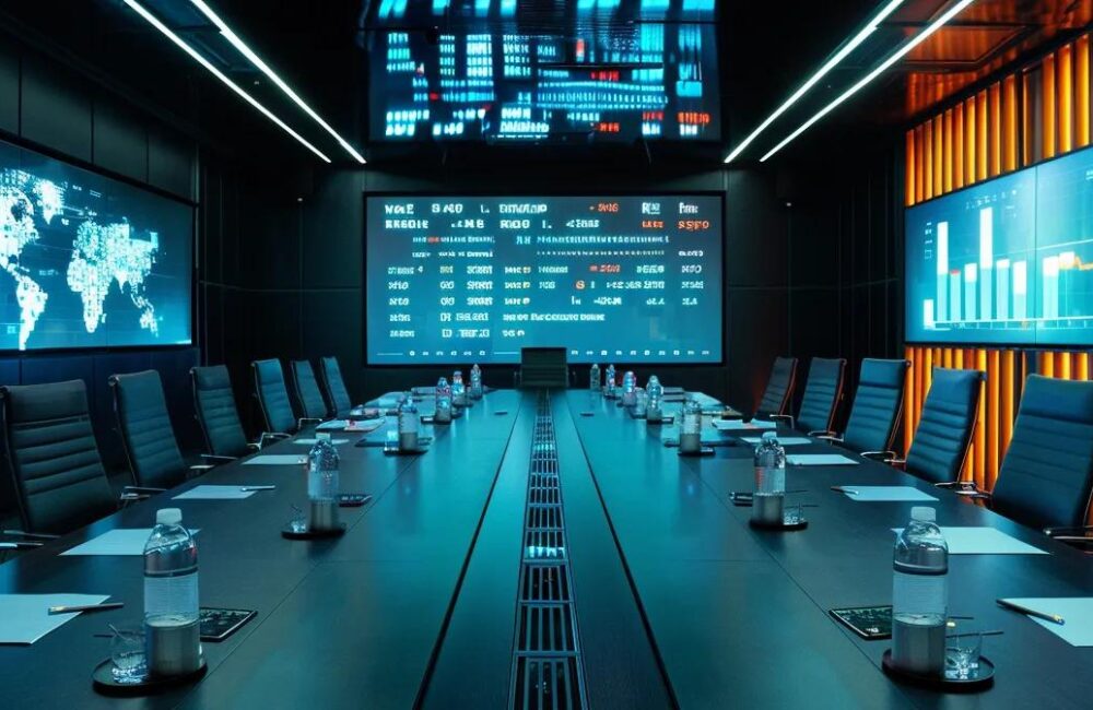 a sharply lit corporate meeting room displays an array of digital screens actively showcasing intricate graphs and data analysis related to anti-money laundering strategies, embodying a dynamic and focused atmosphere of financial vigilance.