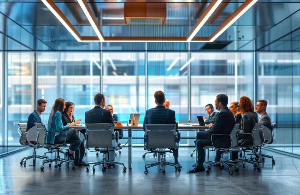a sleek, modern office environment features a polished conference table surrounded by attentive business professionals engaged in a serious discussion about the complexities of the money laundering act, highlighted by sharp overhead lighting that accentuates their focused expressions and the digital screens displaying relevant data.