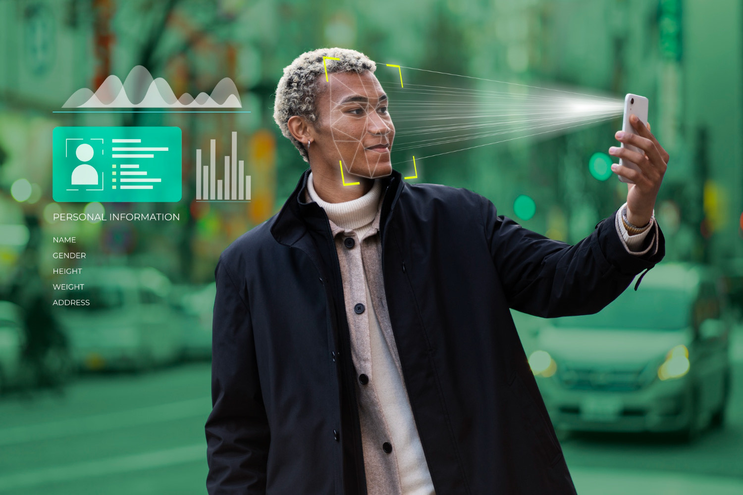 A man holding his face while a biometric scan overlay highlights facial features, with personal information displayed beside him, illustrating background checks in AI matchmaking.