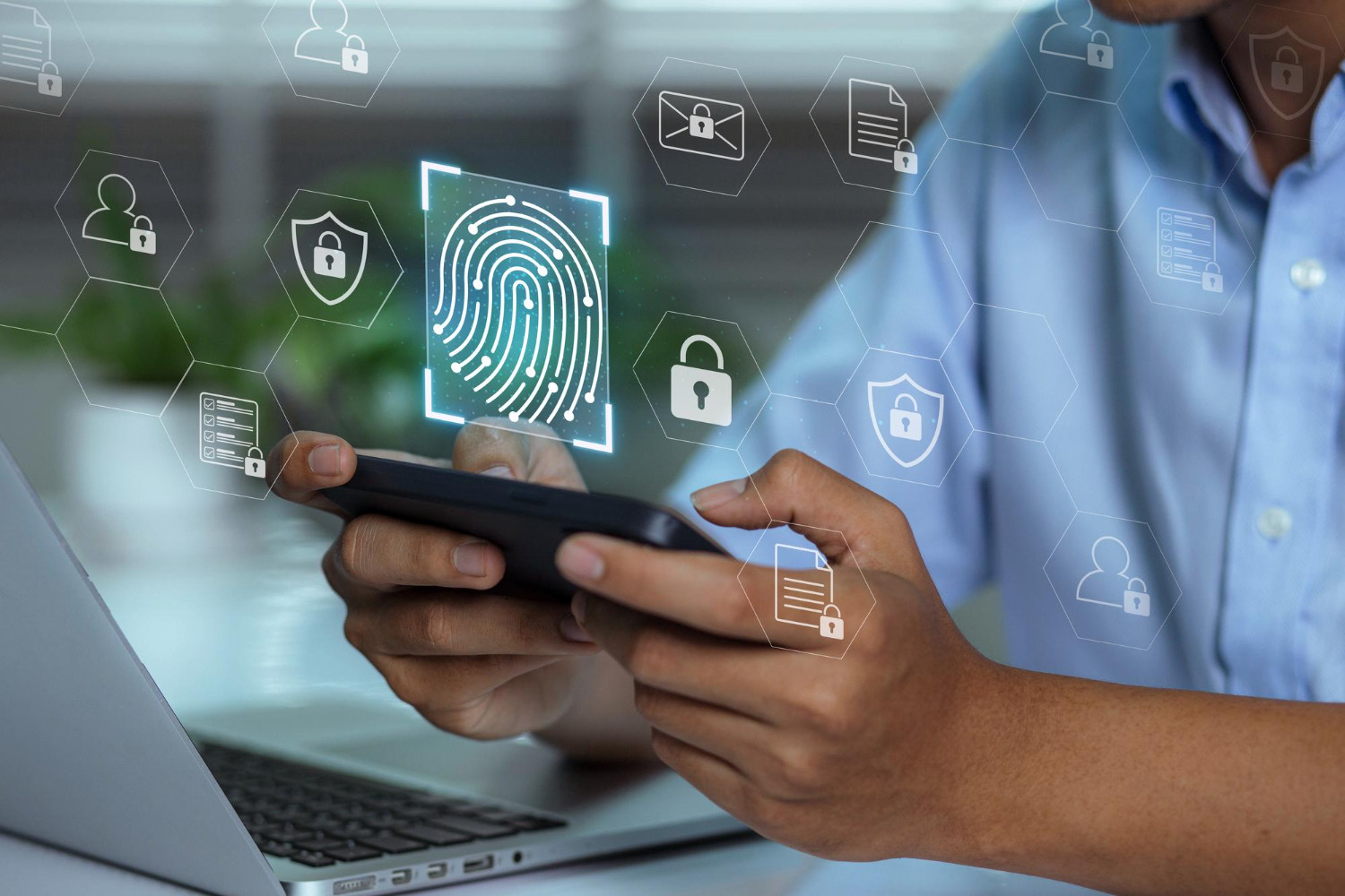 Hands holding a smartphone with digital lock and verification icons representing an age verification system